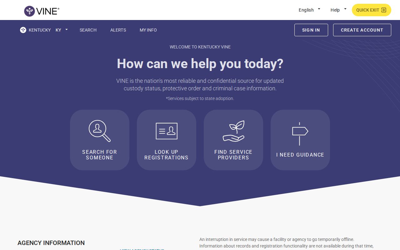 Kentucky VINELink specific person search screen