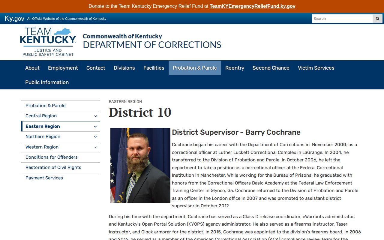 Kentucky DOC District 10 supervision office page for Laurel County